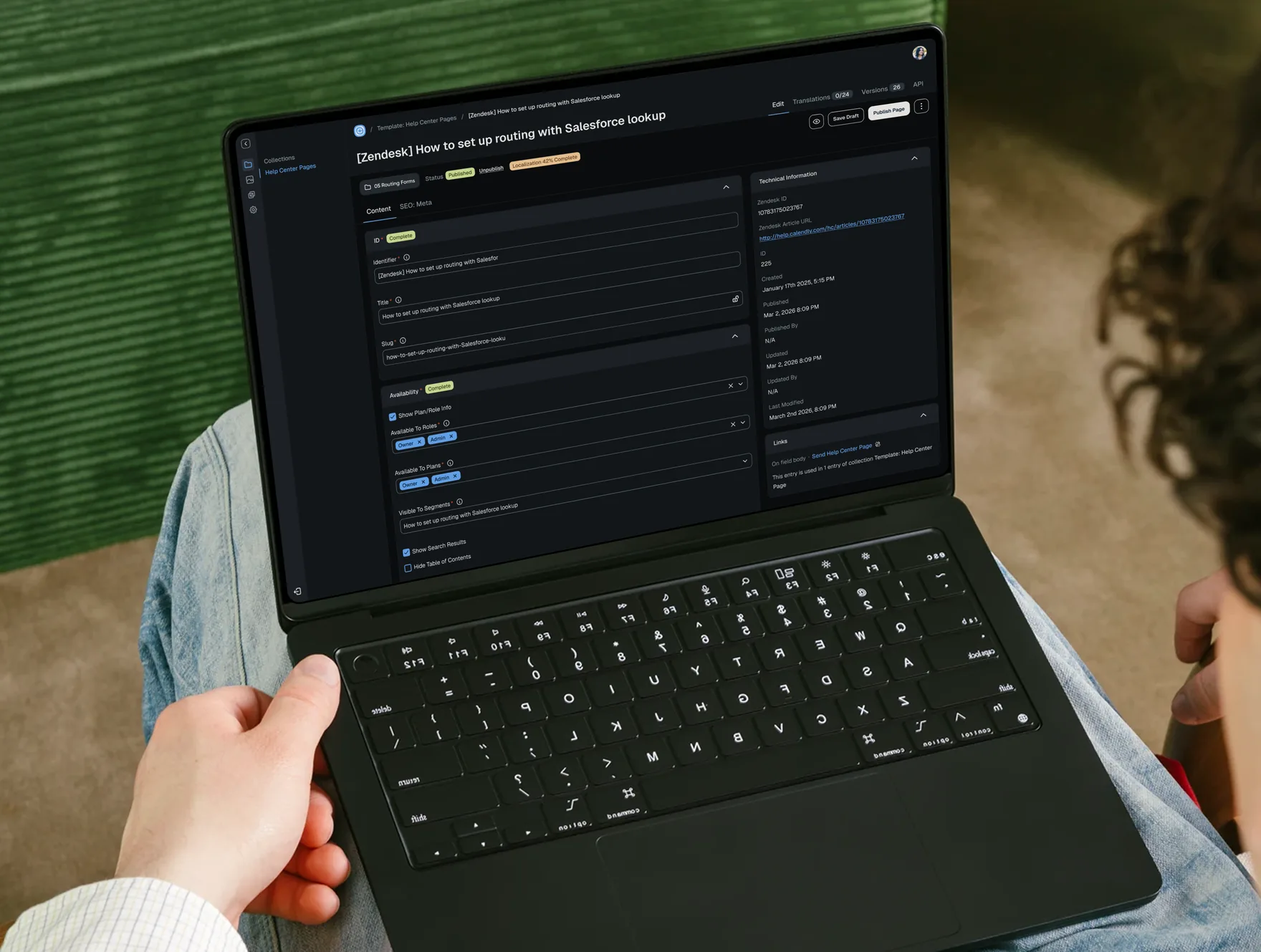 Calendly internal CMS — Help Center page editor on a laptop