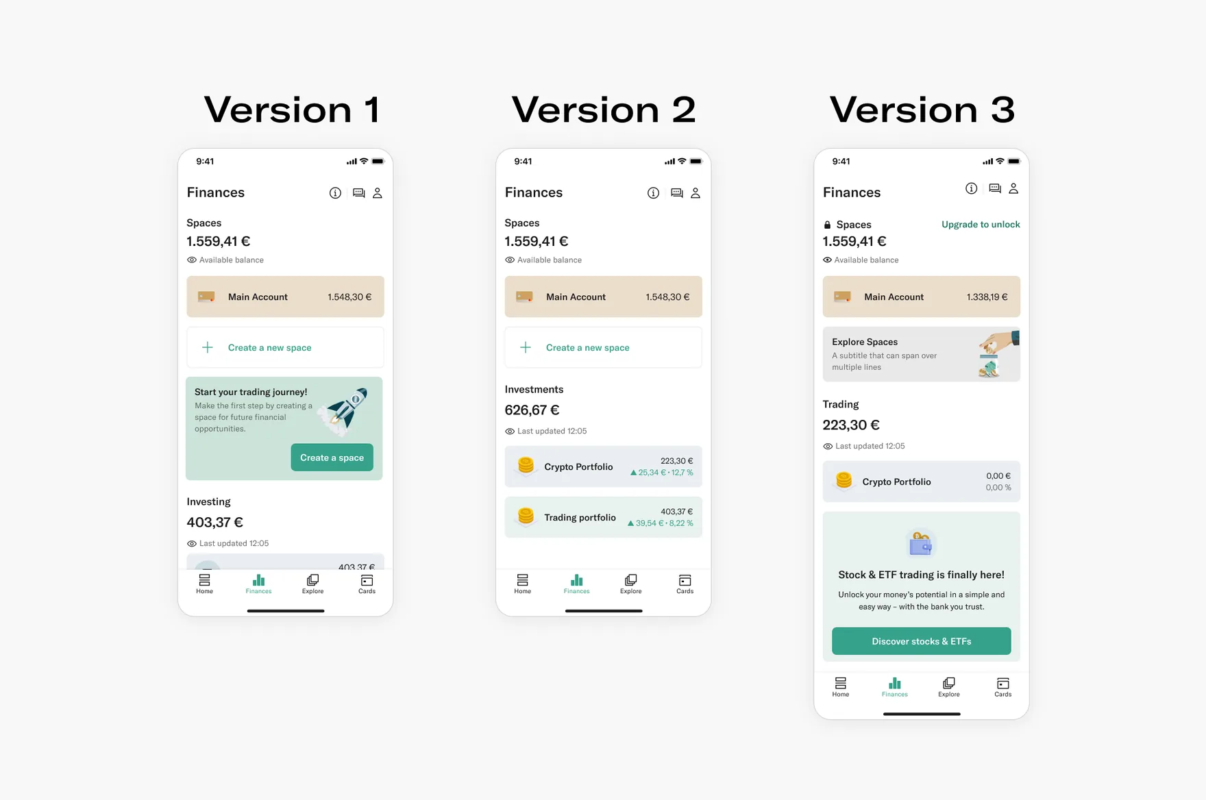 N26 Trading App — three explored Finances screen versions
